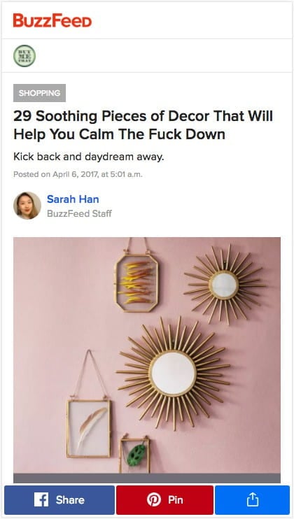Buzzfeed stickies its social media CTAs to the bottom of the page within easy thumb reach.