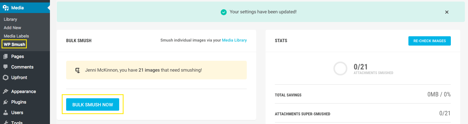 The WP Smush pro plugin page. The "Bulk Smush Now" button toward the left is highlighted.