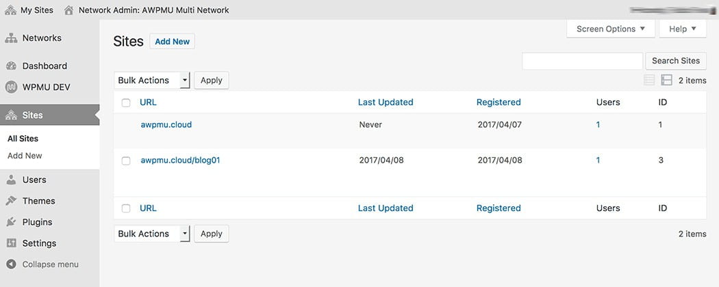 Sites in the network.