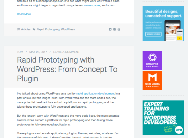 Tom McFarlin blog 0 adverts for WordPress products in the sidebar