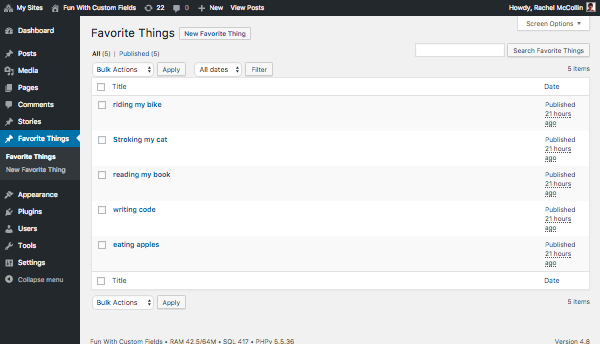 Some posts added to the favourite custom post type, shown in the WordPress admin