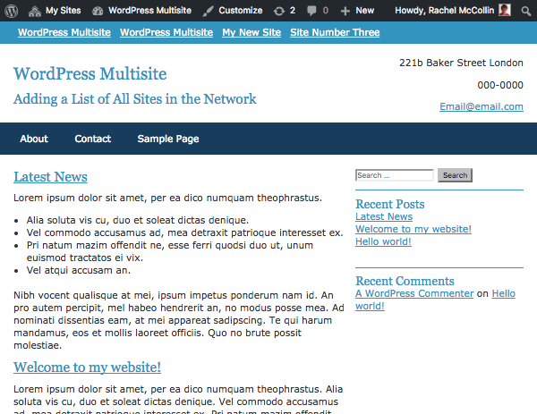 list of sites with styling added - blue background, links floated to left of each other