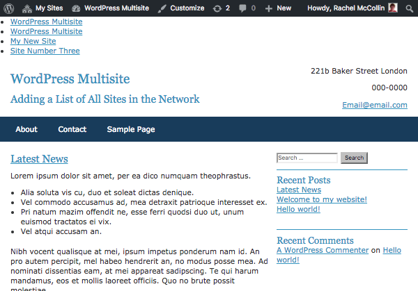 home page with list of sites as a bulleted list above the header