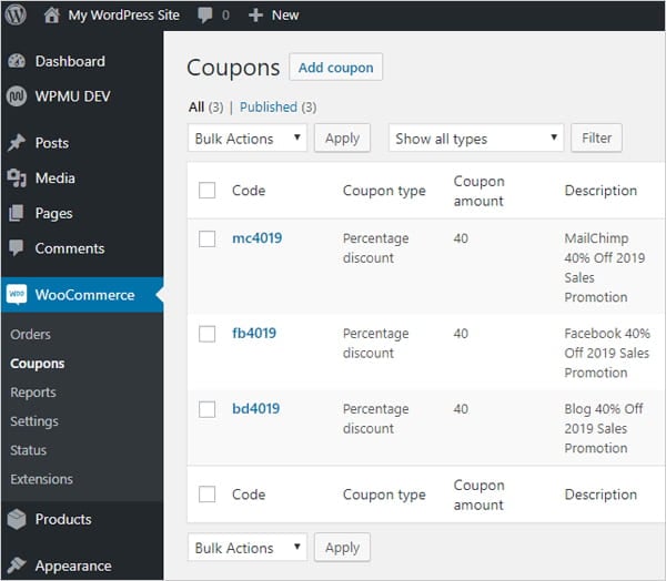 WooCommerce Coupons screen