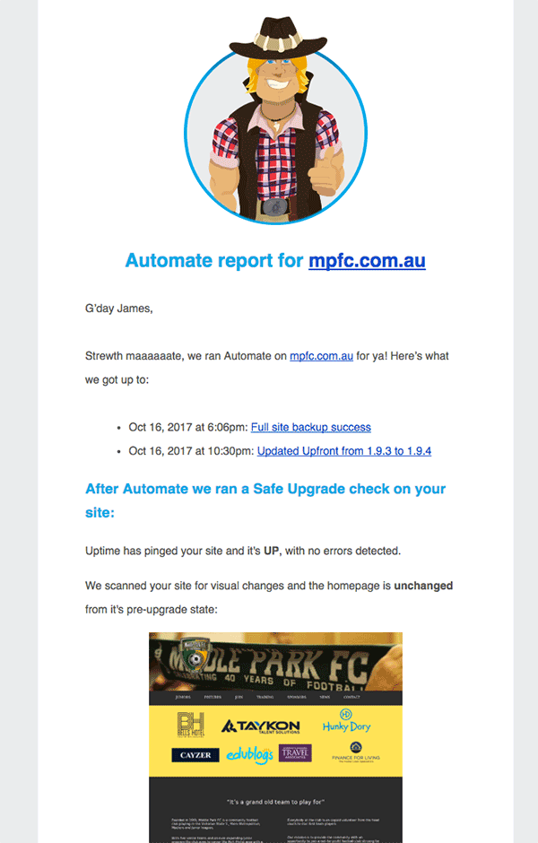 Successful safe upgrade email