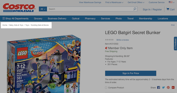 Costco eCommerce Product Page