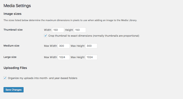 WordPress Media Settings screen.