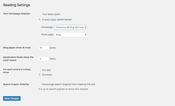 WordPress Reading Settings screen.