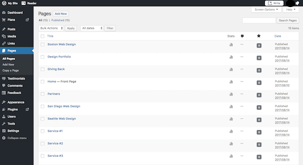 WordPress Pages screen