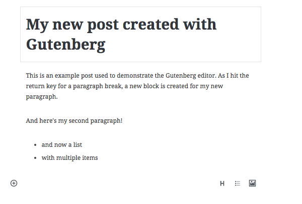 A post in Gutenberg with text blocks added