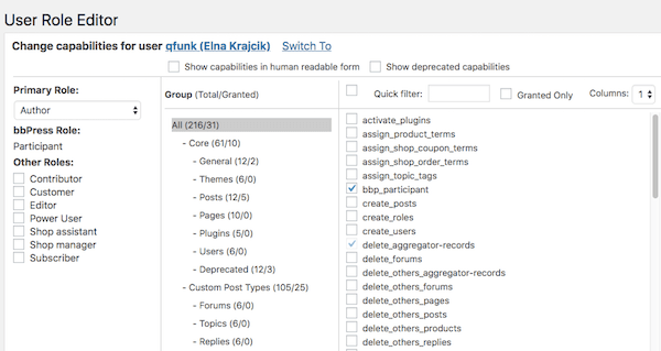 Changing capabilities of a single user