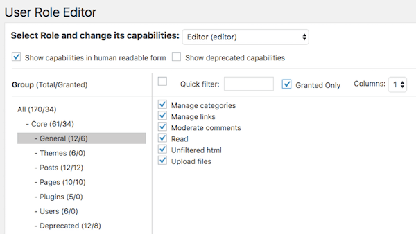 User Role Editor showing Editors' granted capabilities, human readable form
