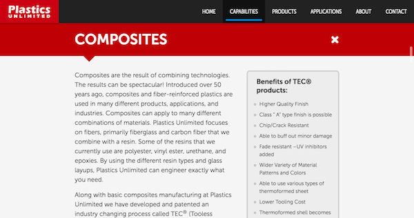 Single Page Websites - Plastics Unlimited Composites Details