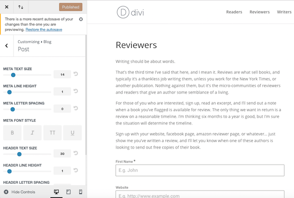 Divi Theme Customizer in WordPress