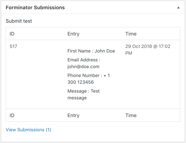 Screenshot of Forminator Dashboard Widget