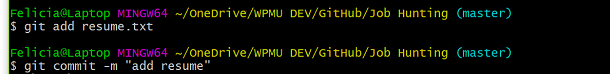 Screenshot of git add and git commit in Git Bash
