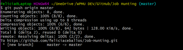 Screenshot of command line git push command to remote repo