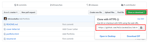 Screenshot of repo on GitHub green clone button shows URL