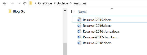 Screenshot of list of resumes in file manager