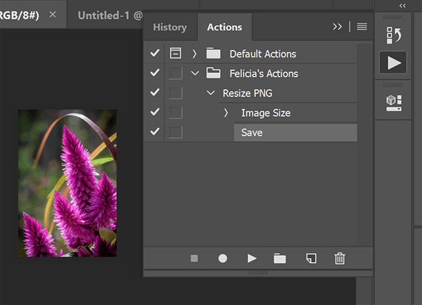 Screenshot of Photoshop Action with a resize and save step