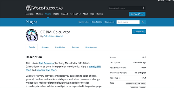 CC BMI Calculator homepage.