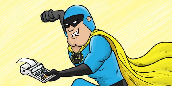 Dev Man with a calculator, about to punch it, because of WordPress Calculator Plugin.
