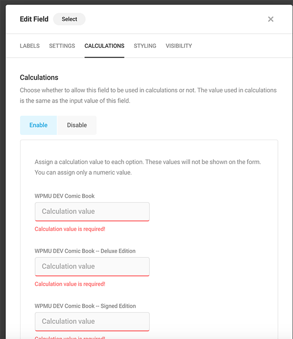 Calculations value page for Forminator.