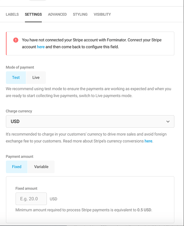 Not connected to Stripe settings screen.