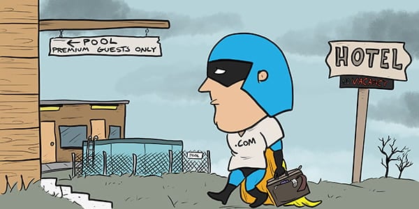Cartoon showing Dev Man arriving at a less-than-perfect hotel