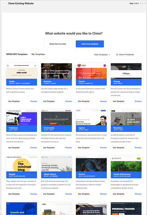 Clone Site Templates screen.