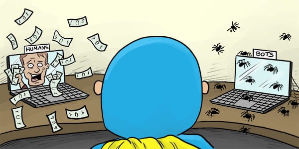 Cartoon of Devman staring at two laptops - one with human visitors ready to buy products, the other with spider bots.