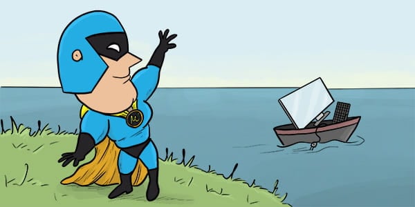 Cartoon showing Devman putting his computer into a boat and waving goodbye to it.