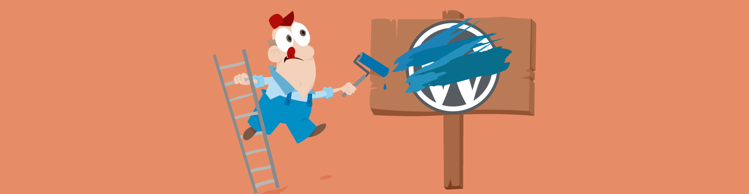 Image of a man on a ladder paitnting over the WordPress logo.