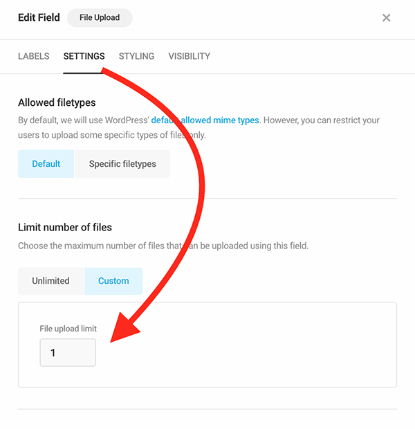 The file upload limit settings.