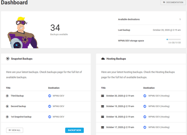 Screenshot of the main dashboard showing the hosting widget