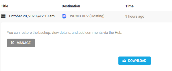 Screenshot of the manage option on hosting backups.