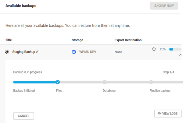 Screenshot of a staging backup showing 25% progress.