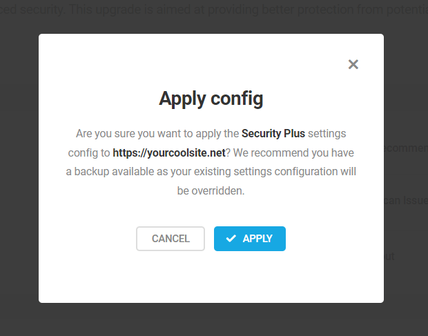 Apply config popup window.