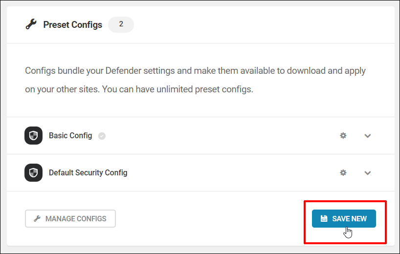 Preset Configs panel - Save New button.