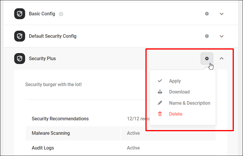 Configs list of actions
