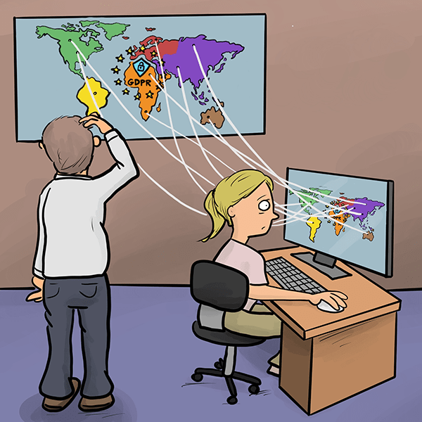 Cartoon of business people staring at world maps on their wall and computer screen and feeling confused by the ramifications of the GDPR.