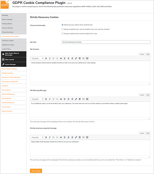 GDPR Cookie Compliance Settings screen.