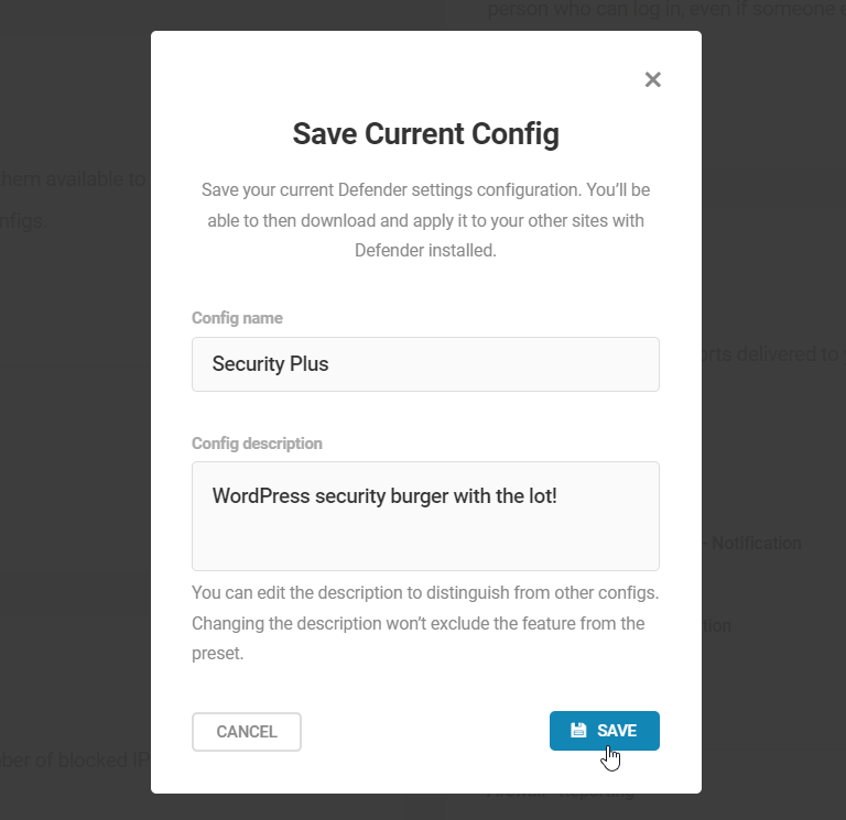 Save Current Config window.