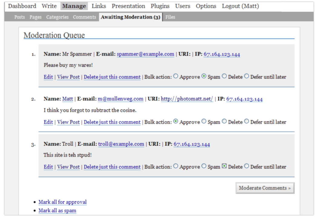 2005 Screenshot > Manage, Moderation Queue for Comments