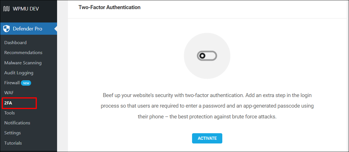 Defender - Activate 2FA screen.