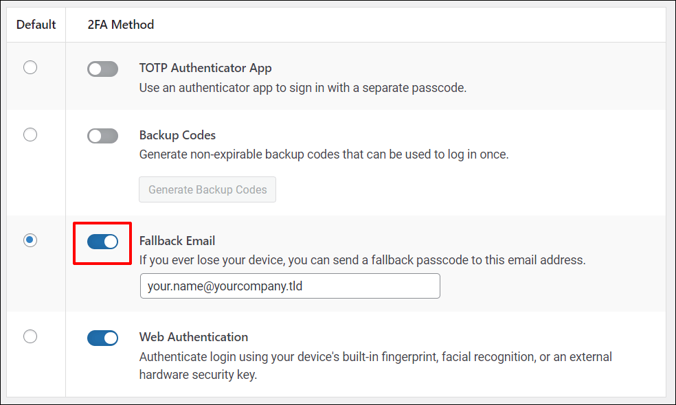 Selecting additional authentication methods in Defender