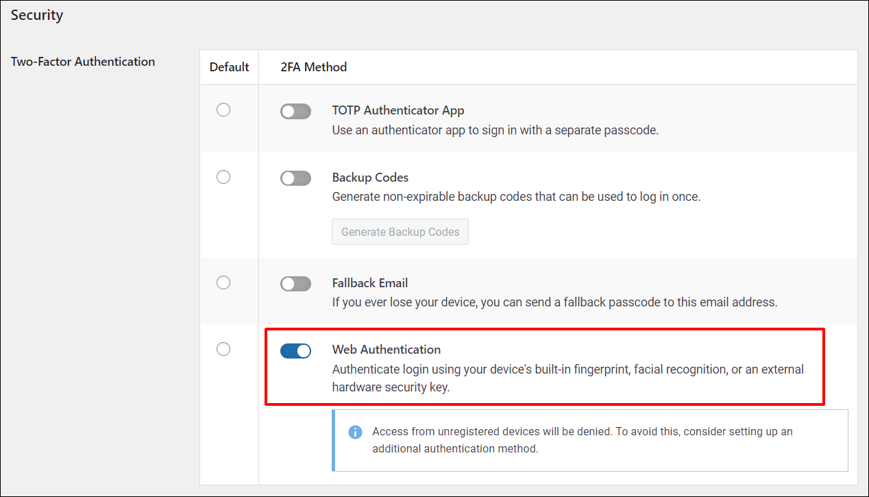 Defender - Profile - Web Authentication toggle on.