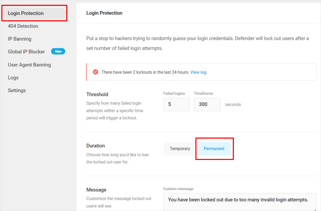 Defender Login Protection menu