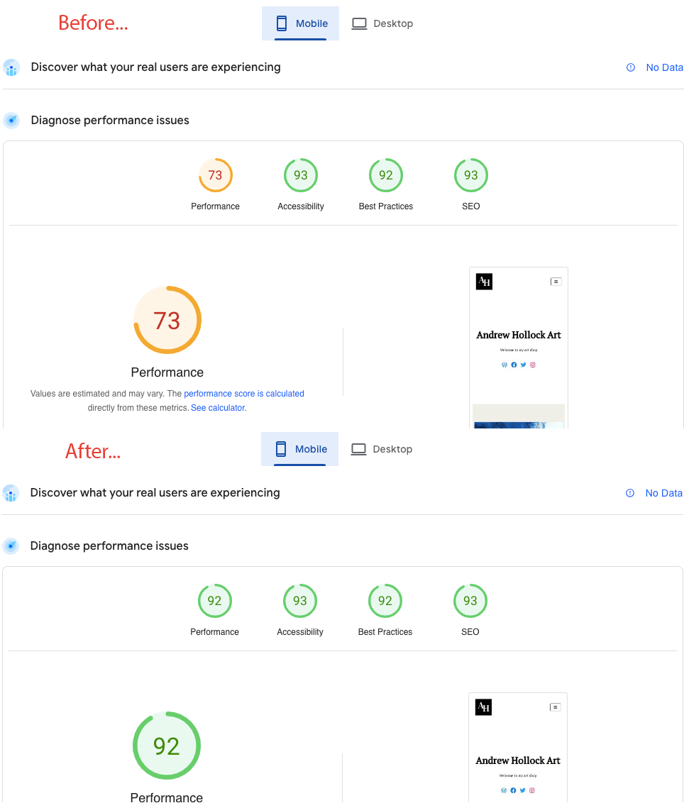 Hummingbird JS Delay - Before and After PageSpeed score results. - Mobile