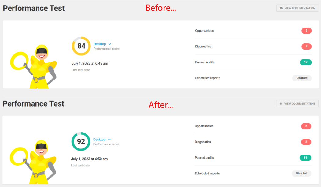 Hummingbird JS Delay - Before and After PageSpeed score results. - Desktop